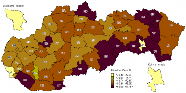 mapa účasti na komunálnych voľbách zo štatistického úradu SR